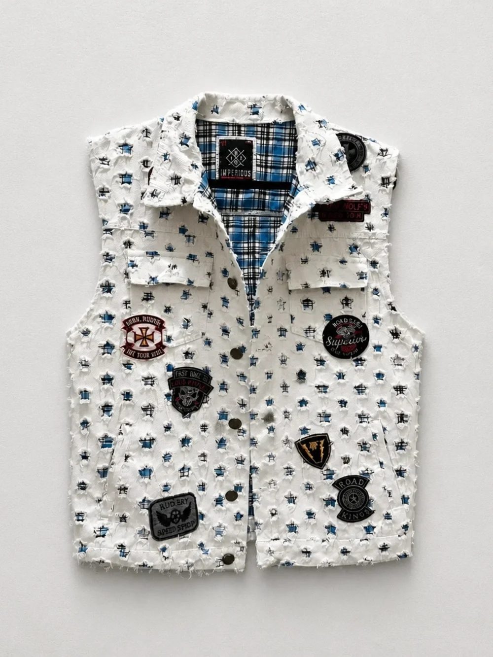 Imperious Biker, Motorcycle White Star-Print Patchwork Denim Vest